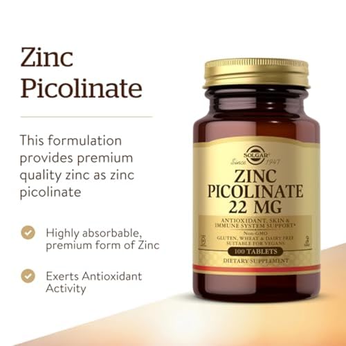 Solgar Zinc Picolinate 22 mg  100 Tablets   Promotes Healthy Skin   Supports Immune System  Normal Taste & Vision   Antioxidant   Non GMO  Vegan  Gluten Free  Kosher   100 Servings