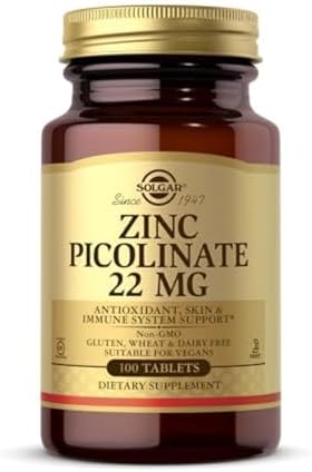 Solgar Zinc Picolinate 22 mg  100 Tablets   Promotes Healthy Skin   Supports Immune System  Normal Taste & Vision   Antioxidant   Non GMO  Vegan  Gluten Free  Kosher   100 Servings
