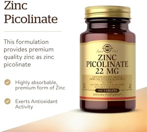 Solgar Zinc Picolinate 22 mg  100 Tablets   Promotes Healthy Skin   Supports Immune System  Normal Taste & Vision   Antioxidant   Non GMO  Vegan  Gluten Free  Kosher   100 Servings