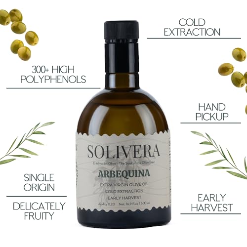 Solivera Arbequina Extra Virgin Olive Oil Cold Pressed  300  Polyphenols Rich  Single Origin Organic Olive Oil  Delicately Fruity  Hand Picked Early Harvest   16 8 fl  oz 
