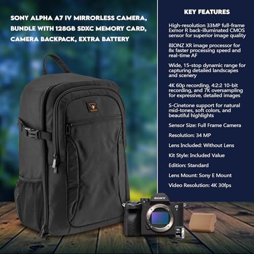 Sony Alpha a7 IV Full Frame Mirrorless Interchangeable Lens Digital 4K Camera  Black   Bundle with 128GB SD Memory Card  Camera Backpack  Extra Battery