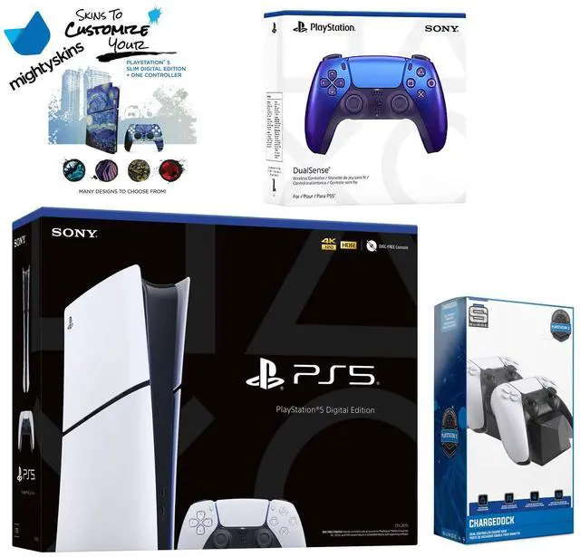 Sony PlayStation 5 Slim Digital with Extra Chroma Indigo Controller  Dual Charging Dock and MightySkins Decal Voucher
