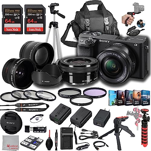 Sony a6400 Mirrorless Camera with 16 50mm Lens  128GB Extreem Speed Memory  43 Wide Angle & 2X Lenses  Case Tripod  Filters  Hood  Grip Spare Battery & Charger Editing Software Kit  Deluxe Bundle