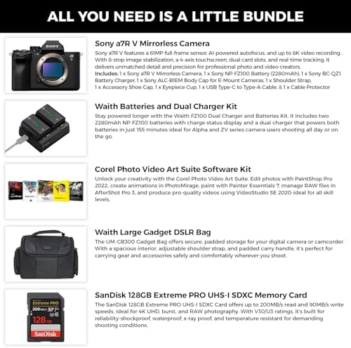 Sony a7R V Mirrorless Camera  Black    61MP Full Frame Digital Camera with Batteries & Dual Charger Kit  Corel Software Kit  128GB SDXC Memory Card & Large DSLR Bag   Essential Bundle