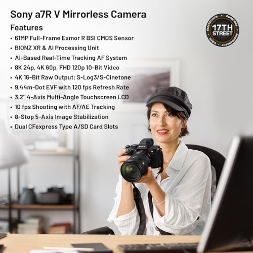 Sony a7R V Mirrorless Camera  Black    61MP Full Frame Digital Camera with Batteries & Dual Charger Kit  Corel Software Kit  128GB SDXC Memory Card & Large DSLR Bag   Essential Bundle