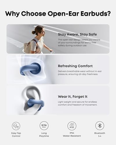 Soundcore AeroClip by Anker  Open Ear Earbuds  Clip On Headphones  Adaptive Comfort  Clear Calls with 4 Mics and AI  Stable Fit  12mm Drivers for Powerful Bass  Hi Res  Open Ring Design