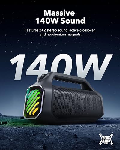 Soundcore Boom 2 Plus Portable Speaker by Anker  140W  2 2 Channel  BassUp 2 0  20H Playtime  Fast Charge  IPX7 Waterproof  RGB Lights  Power Bank  Bluetooth 5 3  Outdoor Speakers  Camping  Beach