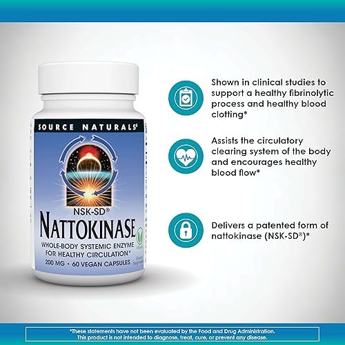 Source Naturals NSK SD  Nattokinase  Vegetarian Friendly  Whole Body Systemic Enzyme for Healthy Circulation   200 mg   30 Vegetarian Capsules
