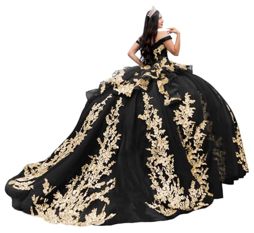 Sparkly Ruffled Gold Applique Quinceanera Dresses Sequin Flower Quince Dress Tulle Rhinestone Sweet 16 Dresses