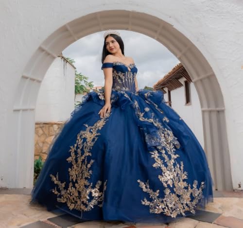 Sparkly Ruffled Gold Applique Quinceanera Dresses Sequin Flower Quince Dress Tulle Rhinestone Sweet 16 Dresses