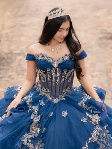 Sparkly Ruffled Gold Applique Quinceanera Dresses Sequin Flower Quince Dress Tulle Rhinestone Sweet 16 Dresses