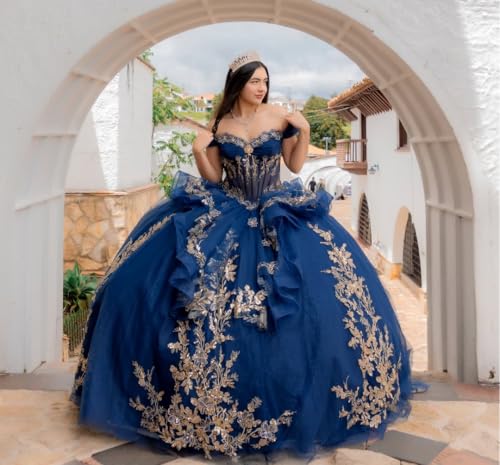 Sparkly Ruffled Gold Applique Quinceanera Dresses Sequin Flower Quince Dress Tulle Rhinestone Sweet 16 Dresses