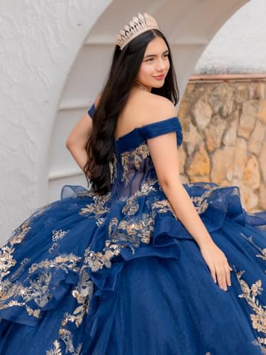 Sparkly Ruffled Gold Applique Quinceanera Dresses Sequin Flower Quince Dress Tulle Rhinestone Sweet 16 Dresses