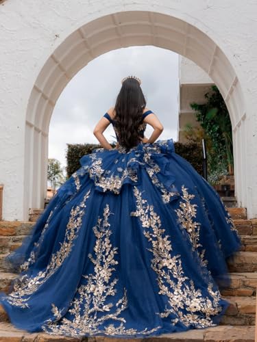 Sparkly Ruffled Gold Applique Quinceanera Dresses Sequin Flower Quince Dress Tulle Rhinestone Sweet 16 Dresses