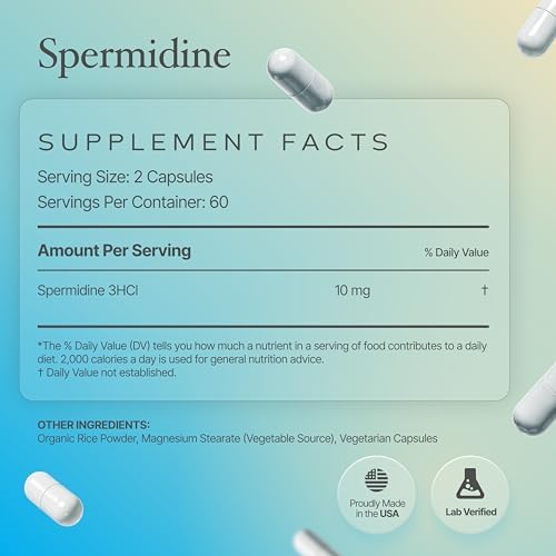 Spermidine Capsules Gluten Free 99  Concentration 100x More Potent Than Wheat Germ Extract for Anti Aging DNA Telomere Support