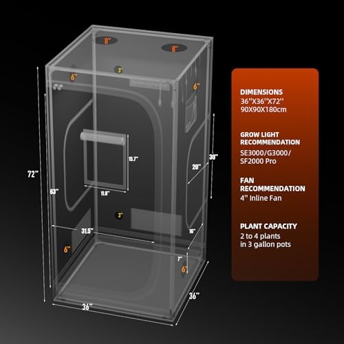 Spider Farmer 3x3 Grow Tent 2025 New  36x36x72  with Hook for Controller and Power Strip  Enlarged View Window  1680D Thicken Mylar Canvas for Indoor Hydroponic Growing for SF2000Pro  SE3000  G3000