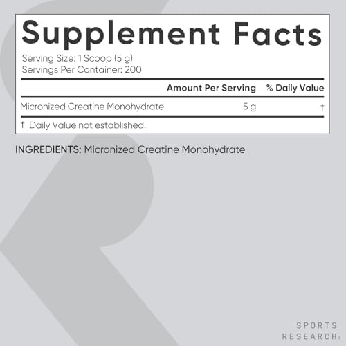 Sports Research Creatine Monohydrate   Gain Lean Muscle  Improve Performance and Strength and Support Workout Recovery   5 g Micronized Creatine   35 27 oz