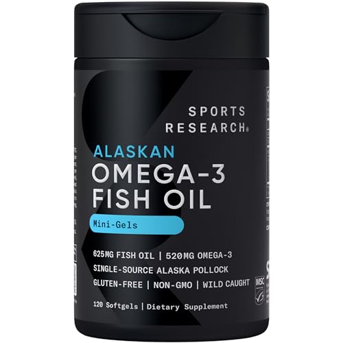 Sports Research Mini-cápsulas blandas de aceite de pescado, ácidos grasos omega-3 fáciles de tragar de abadejo de Alaska capturados en la naturaleza, apoyando la salud cerebral y cardíaca, 625 mg, 120