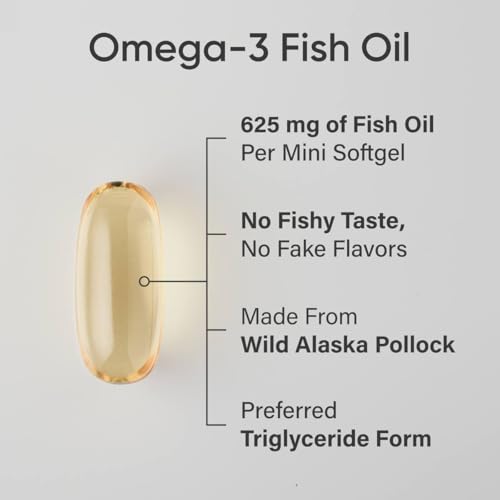 Sports Research Mini-cápsulas blandas de aceite de pescado, ácidos grasos omega-3 fáciles de tragar de abadejo de Alaska capturados en la naturaleza, apoyando la salud cerebral y cardíaca, 625 mg, 120