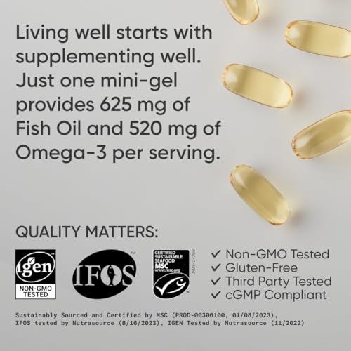 Sports Research Mini-cápsulas blandas de aceite de pescado, ácidos grasos omega-3 fáciles de tragar de abadejo de Alaska capturados en la naturaleza, apoyando la salud cerebral y cardíaca, 625 mg, 120