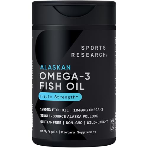Sports Research Aceite de pescado Omega 3 de triple fuerza, suplemento de aceite de pescado sin eructos con ácidos grasos EPA y DHA de abadejo salvaje de Alaska de una sola fuente, 1250 mg, 90