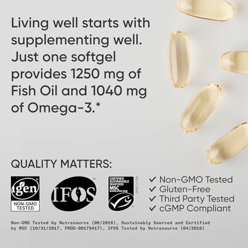 Sports Research Aceite de pescado Omega 3 de triple fuerza, suplemento de aceite de pescado sin eructos con ácidos grasos EPA y DHA de abadejo salvaje de Alaska de una sola fuente, 1250 mg, 90