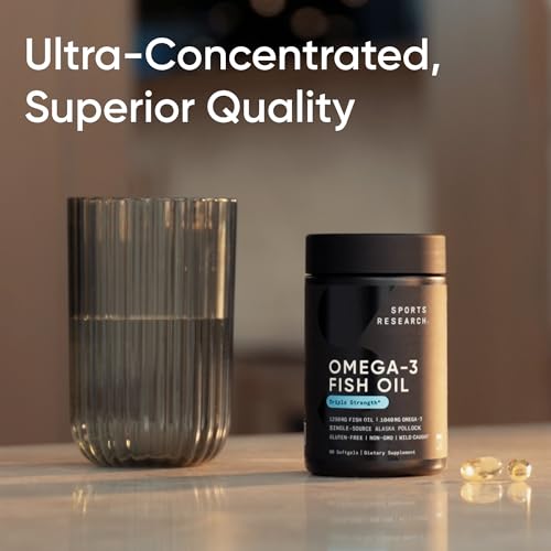Sports Research Aceite de pescado Omega 3 de triple fuerza, suplemento de aceite de pescado sin eructos con ácidos grasos EPA y DHA de abadejo salvaje de Alaska de una sola fuente, 1250 mg, 90