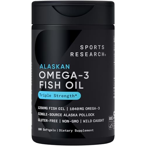 Cápsulas de Omega-3 de aceite de pescado Sports Research, 0.044 oz, triple fuerza, IFOS certificado 5 estrellas, 180 cápsulas de gel