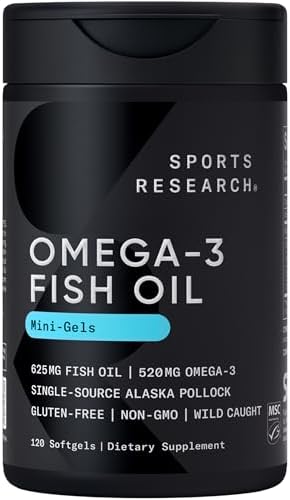 Sports Research Triple Strength Omega 3 Fish Oil   Burpless Fish Oil Supplement w/EPA & DHA Fatty Acids from Single Source Wild Alaska Pollock   1250 mg  180 ct