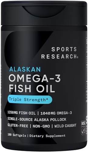 Sports Research Triple Strength Omega 3 Fish Oil   Burpless Fish Oil Supplement w/EPA & DHA Fatty Acids from Single Source Wild Alaska Pollock   1250 mg  180 ct