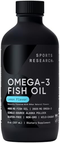 Sports Research Triple Strength Omega 3 Fish Oil   Burpless Fish Oil Supplement w/EPA & DHA Fatty Acids from Single Source Wild Alaska Pollock   1250 mg  180 ct