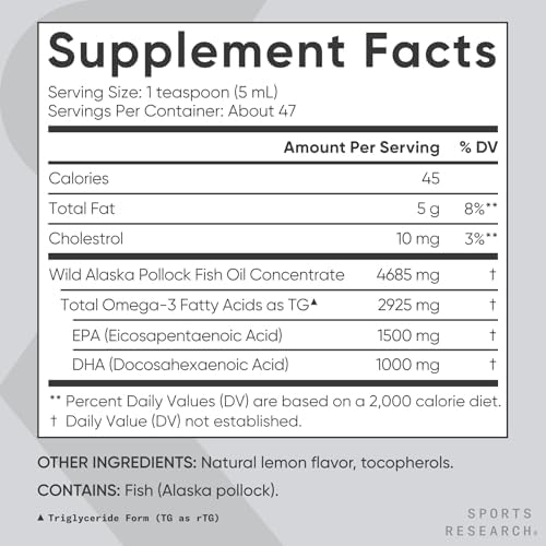 Sports Research Triple Strength Omega 3 Fish Oil   Burpless Fish Oil Supplement w/EPA & DHA Fatty Acids from Single Source Wild Alaska Pollock   1250 mg  180 ct