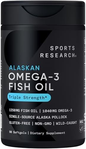 Sports Research Triple Strength Omega 3 Fish Oil   Burpless Fish Oil Supplement w/EPA & DHA Fatty Acids from Single Source Wild Alaska Pollock   1250 mg  90 ct