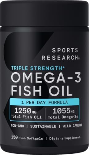 Sports Research Triple Strength Omega 3 Fish Oil   Burpless Fish Oil Supplement w/EPA & DHA Fatty Acids from Wild Caught Fish   Heart  Brain & Immune Support for Men & Women   1250 mg  150 ct