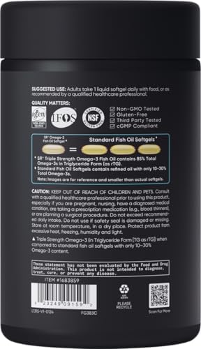 Sports Research Triple Strength Omega 3 Fish Oil   Burpless Fish Oil Supplement w/EPA & DHA Fatty Acids from Wild Caught Fish   Heart  Brain & Immune Support for Men & Women   1250 mg  150 ct