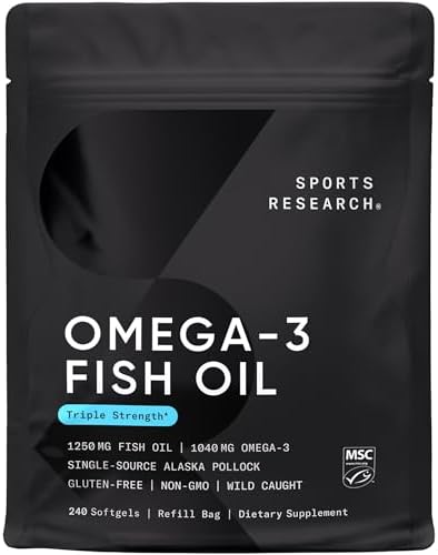 Sports Research Triple Strength Omega 3 Fish Oil   Burpless Fish Oil Supplement w/EPA & DHA Fatty Acids from Wild Alaskan Pollock   Heart  Brain & Immune Support for Men & Women   1250 mg  240 ct