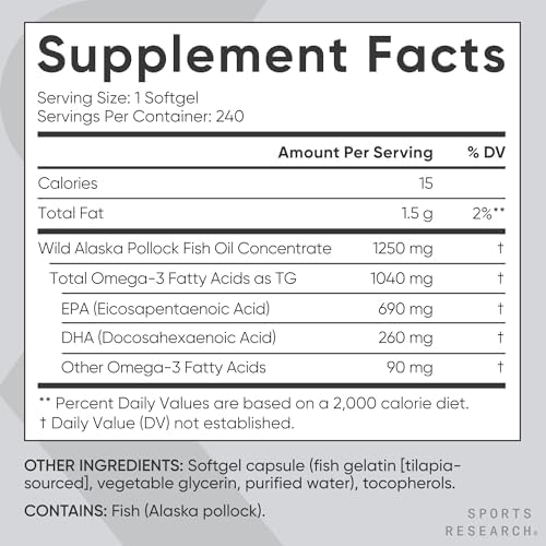 Sports Research Triple Strength Omega 3 Fish Oil   Burpless Fish Oil Supplement w/EPA & DHA Fatty Acids from Wild Alaskan Pollock   Heart  Brain & Immune Support for Men & Women   1250 mg  240 ct