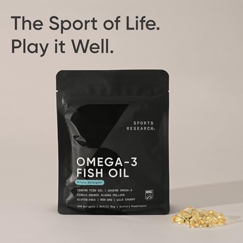 Sports Research Triple Strength Omega 3 Fish Oil   Burpless Fish Oil Supplement w/EPA & DHA Fatty Acids from Wild Alaskan Pollock   Heart  Brain & Immune Support for Men & Women   1250 mg  240 ct