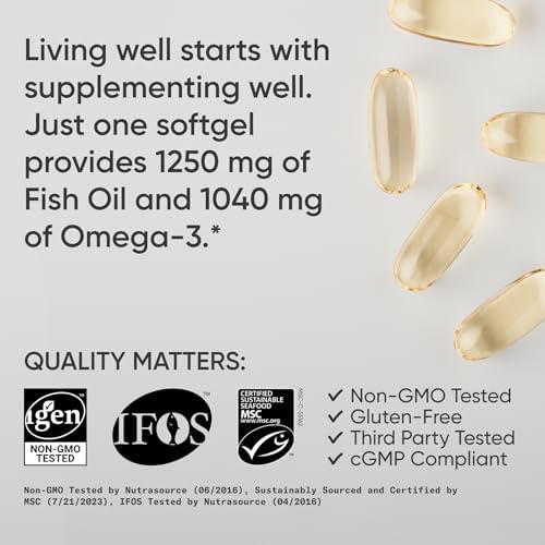 Sports Research Triple Strength Omega 3 Fish Oil   Burpless Fish Oil Supplement w/EPA & DHA Fatty Acids from Wild Alaskan Pollock   Heart  Brain & Immune Support for Men & Women   1250 mg  240 ct