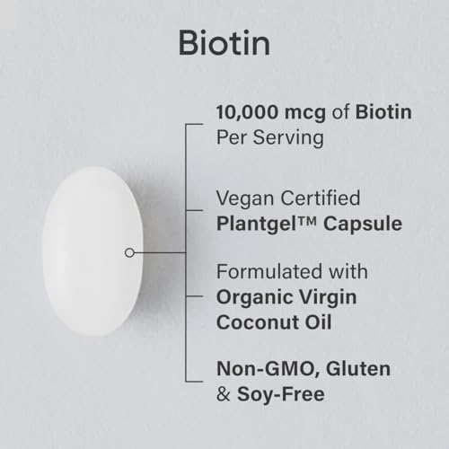 Biotina de 0.00035 oz con aceite de coco, no transgénicos y sin gluten, 120 minicápsulas blandas vegetarianas