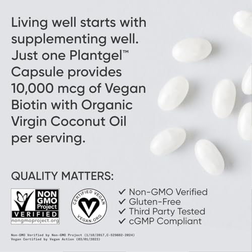 Sports Research  Biotin 10 000mcg with Organic Coconut Oil   Biotin  Vitamin B7  for Healthy Skin and Hair Support    for Women and Men   Vegan  Non GMO  Gluten & Soy Free   120 Veggie Softgels