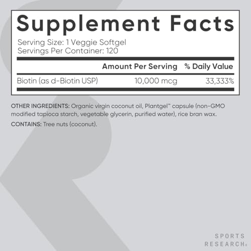 Sports Research  Biotin 10 000mcg with Organic Coconut Oil   Biotin  Vitamin B7  for Healthy Skin and Hair Support    for Women and Men   Vegan  Non GMO  Gluten & Soy Free   120 Veggie Softgels