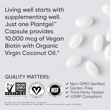 Biotina de 0.00035 oz con aceite de coco, no transgénicos y sin gluten, 120 minicápsulas blandas vegetarianas