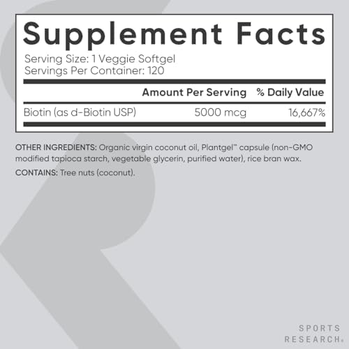 Biotina de 0.00035 oz con aceite de coco, no transgénicos y sin gluten, 120 minicápsulas blandas vegetarianas