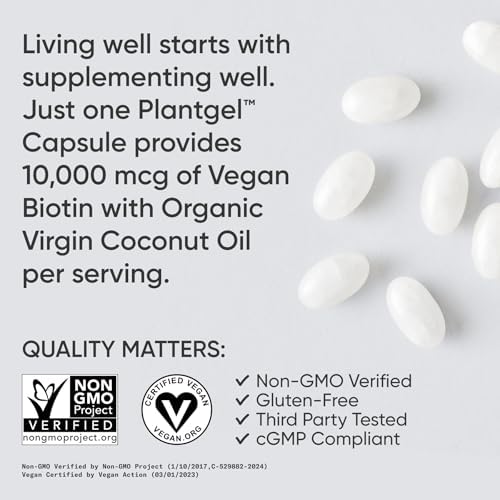 Biotina de 0.00035 oz con aceite de coco, no transgénicos y sin gluten, 120 minicápsulas blandas vegetarianas