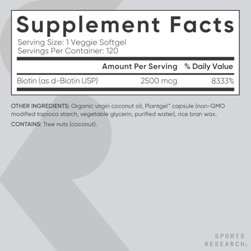 Biotina de 0.00035 oz con aceite de coco, no transgénicos y sin gluten, 120 minicápsulas blandas vegetarianas