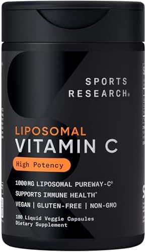 Sports Research  High Potency Liposomal Vitamin C Supplement 1000 mg   Certified Vegan  Non GMO  Gluten Free   Antioxidant & Immune Support   Ascorbic Acid Vitamin C   180 Liquid Veggie Capsules