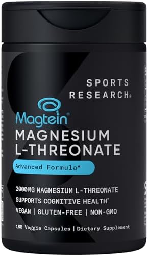Sports Research  Magnesium L Threonate Capsules 2000mg   High Absorption Magtein  for Enhanced Brain Health  Memory  Focus & Restful Sleep Support   Vegan   Non GMO   Gluten Free   180 Count