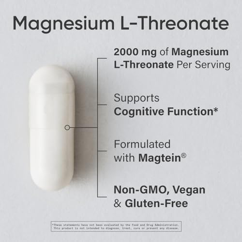 Sports Research  Magnesium L Threonate Capsules 2000mg   High Absorption Magtein  for Enhanced Brain Health  Memory  Focus & Restful Sleep Support   Vegan   Non GMO   Gluten Free   180 Count