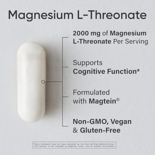 Sports Research  Magnesium L Threonate Capsules 2000mg   High Absorption Magtein  for Enhanced Brain Health  Memory  Focus & Restful Sleep Support   Vegan   Non GMO   Gluten Free   180 Count